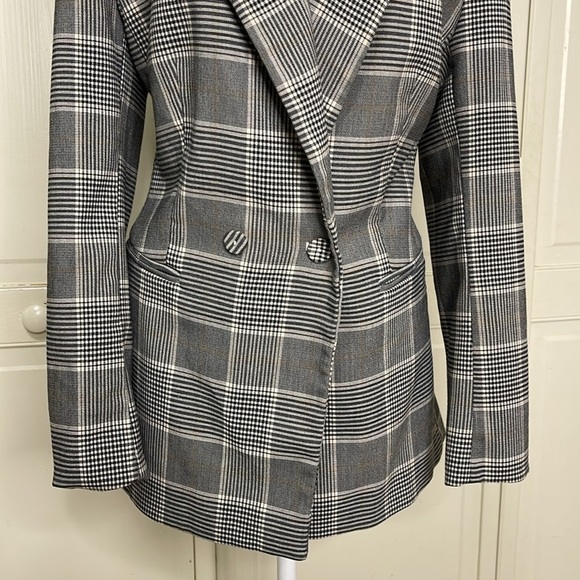 H&M Women's Sz 12 Blazer Gray Beige Plaid Double Breasted Lined Blazer Jacket - Picture 3 of 14